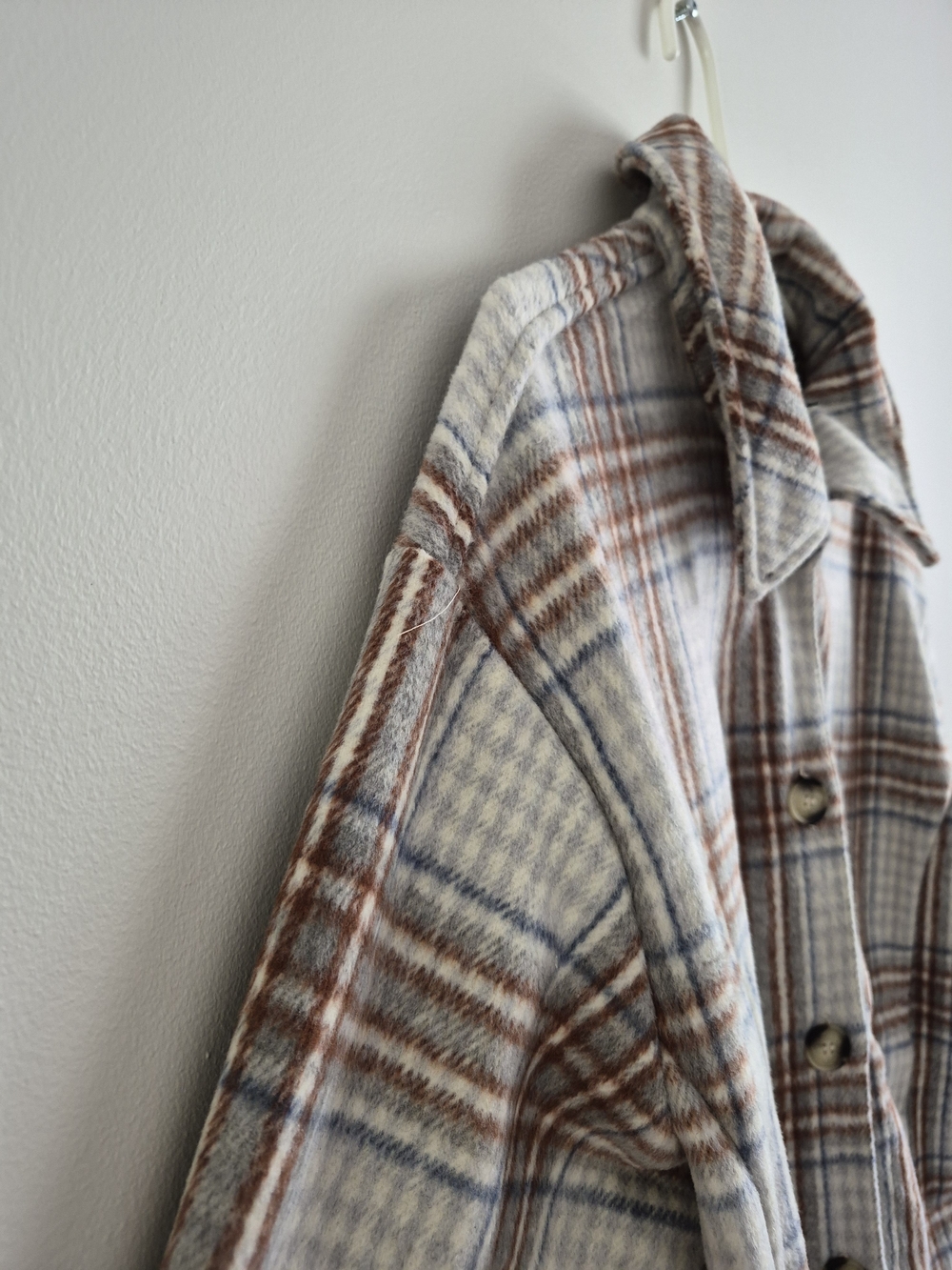 Reitmans Cream Plaid Teddy Jacket with Brown & Blue Stripes